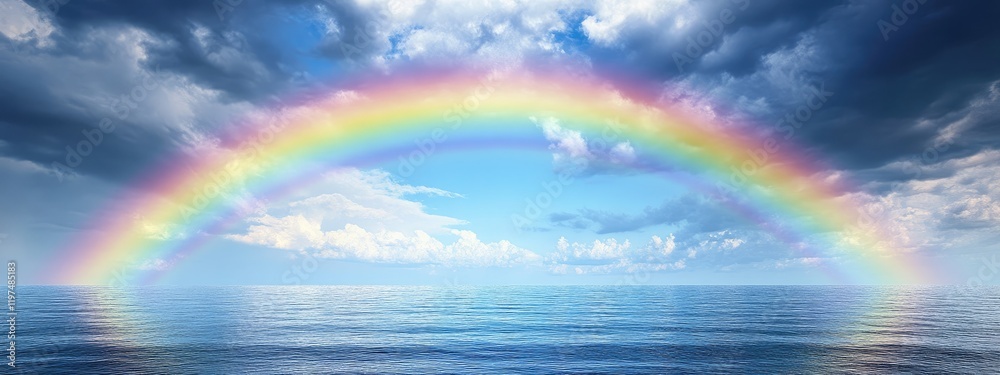 Vibrant rainbow arching over tranquil ocean waters under dramatic cloudscape Copy Space Vibrant rainbow arching over tranquil ocean waters under dramatic cloudscape Copy Space