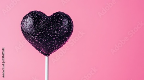 Black heart-shaped lollipop on a pink background with copy space for text or branding. Ideal for love or candy-themed projects.