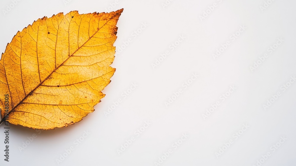 Fototapeta premium Autumn yellow leaf on a white background with ample copy space for design or text placement, highlighting seasonal themes and nature.