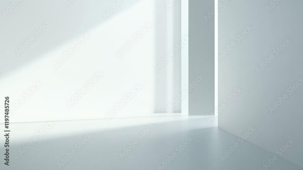 Fototapeta premium Minimalist bright interior with soft shadows and clean lines showcasing contemporary architectural design and ample copy space.