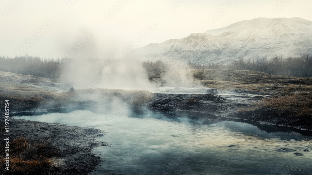 Misty geothermal landscape with steaming hot springs and a rugged mountainous background in a tranquil natural setting with ample copy space. Misty geothermal landscape with steaming hot springs and a rugged mountainous background in a tranquil natural setting with ample copy space.