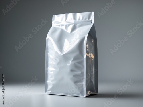 Glossy white quad-seal pouch packaging, standing upright against a neutral background, ideal for food or product branding.
