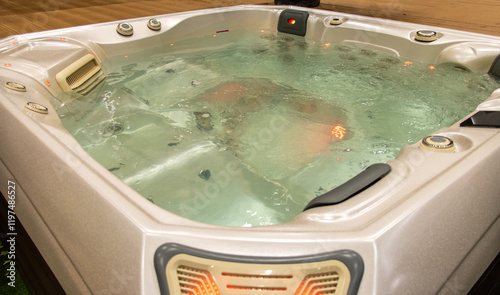 Jacuzzi with lights and electric water massage control. No people