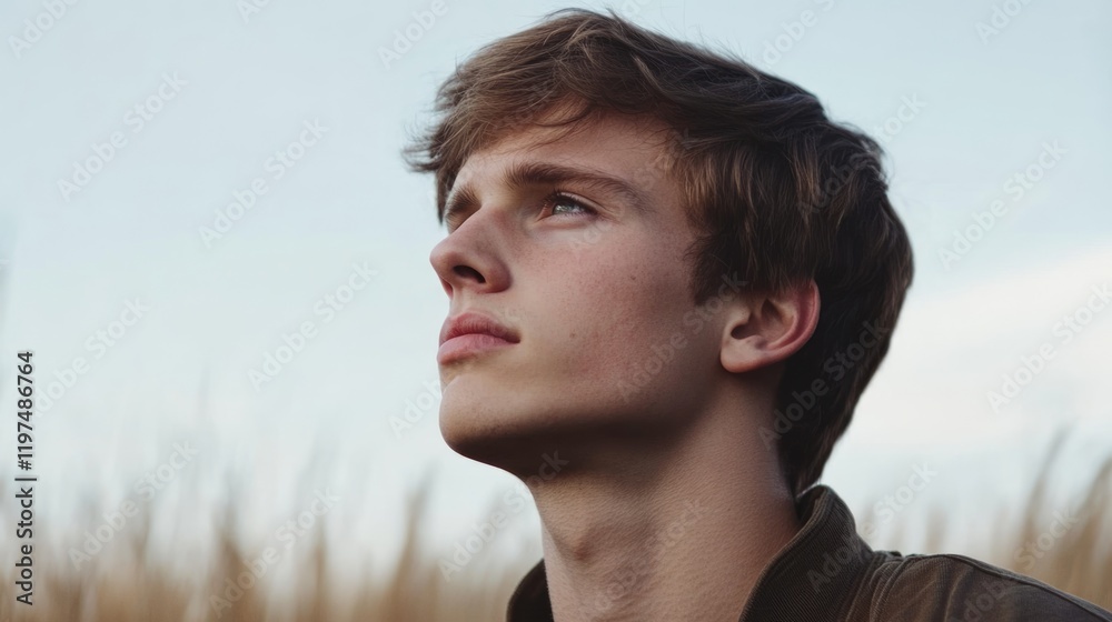 Young man looking up in a field with golden grass against a cloudy sky Copy Space Young man looking up in a field with golden grass against a cloudy sky Copy Space