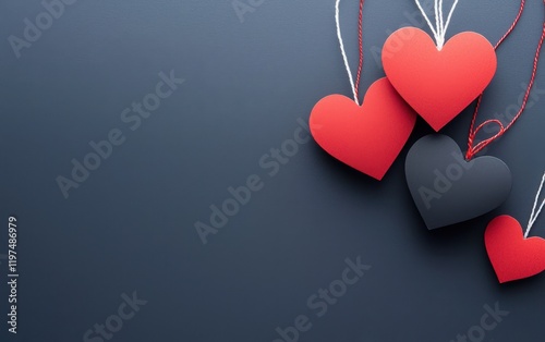 Three charming hearts in red and black dangle gracefully from delicate strings, capturing the essence of love and romance on Valentine's Day.