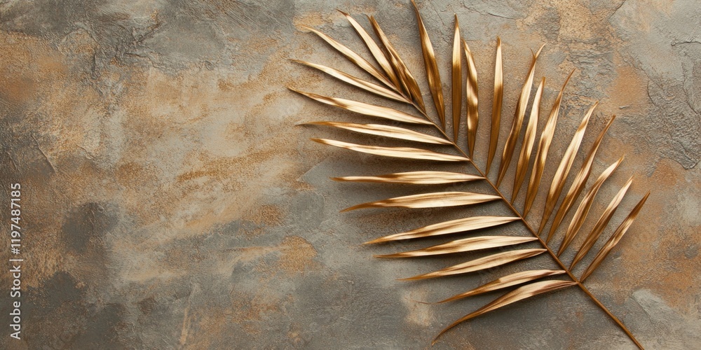 Golden palm leaf on textured gray and brown background with copy space for adding text or graphics Golden palm leaf on textured gray and brown background with copy space for adding text or graphics