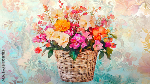 pastel artistic collage featuring vibrant flower basket with colorful blooms, creating cheerful and lively atmosphere