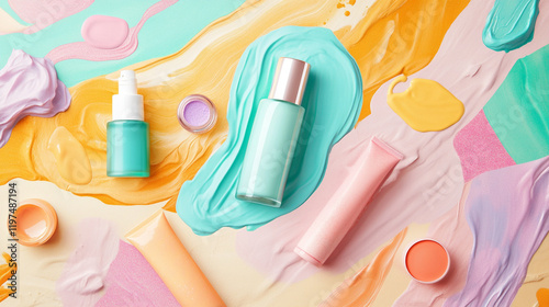 vibrant artistic arrangement of cosmetic products on colorful paint swirls, showcasing beauty and creativity. scene features various bottles and tubes in pastel colors