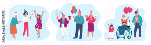 Vector set with elderly people celebrate their birthday on a white background