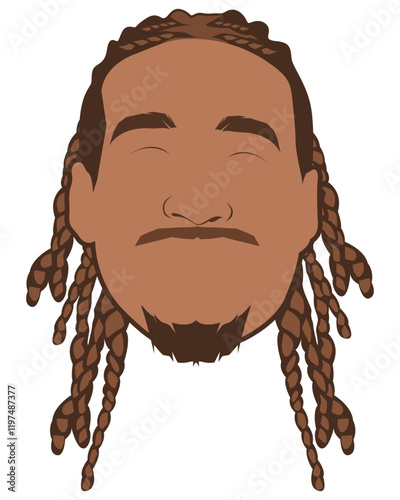 Bearded black man with cornrow vector illustrations. Gentleman cartoon with unique hairstyle. Stylish black male in dreadlocks hairstyle. Fan art avatar face with cornrows style. Haircare reggae.