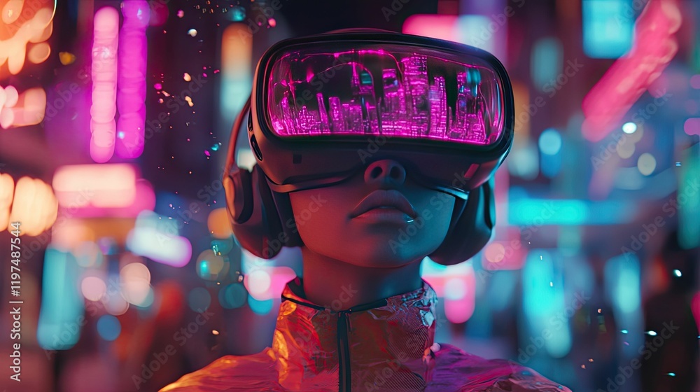 Person in VR headset, futuristic city reflected.