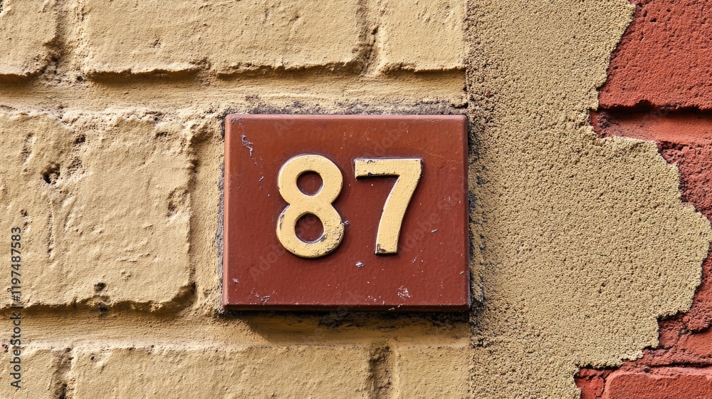 House number 87 displayed on a textured wall with peeling paint and warm tones featuring ample copy space for design use House number 87 displayed on a textured wall with peeling paint and warm tones featuring ample copy space for design use
