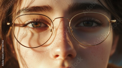 close-up of the eyes of a girl with glasses