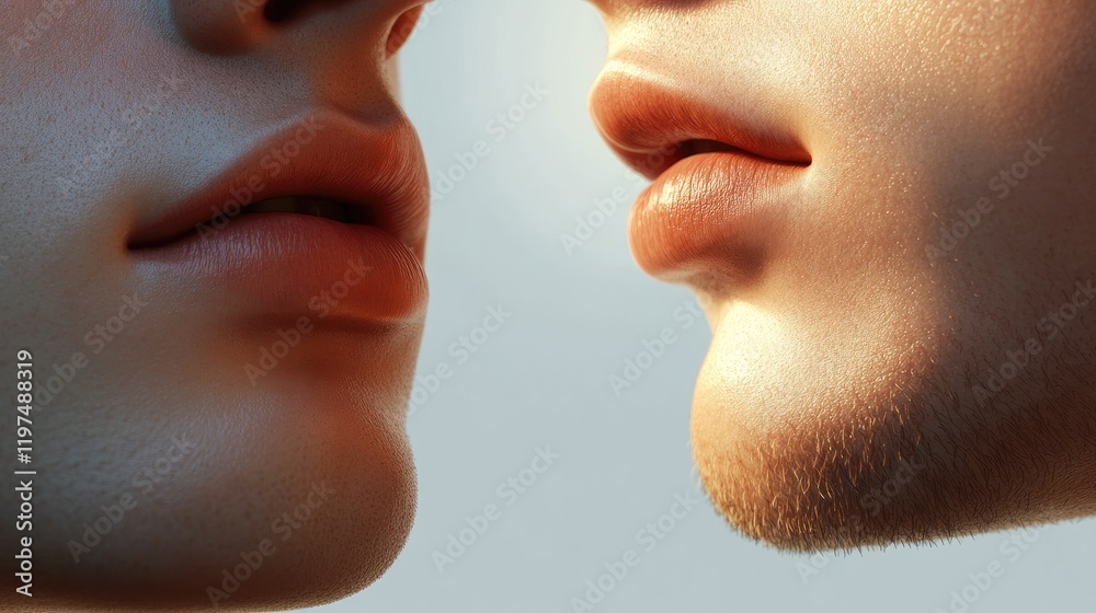 Obraz premium Close-up of two lips in profile highlighting skin texture and detail with soft lighting Copy Space available for text placement