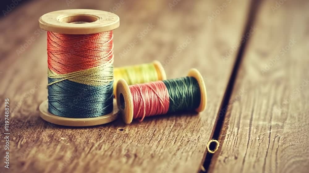 Colorful spools of thread arranged on a wooden table showcasing vibrant hues and textures during a sewing session