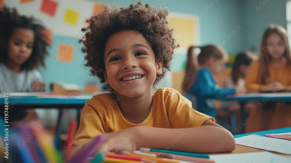Children expressing emotions through creative drawing in a classroom, surrounded by colorful art supplies. Children expressing emotions through creative drawing in a classroom, surrounded by colorful art supplies.