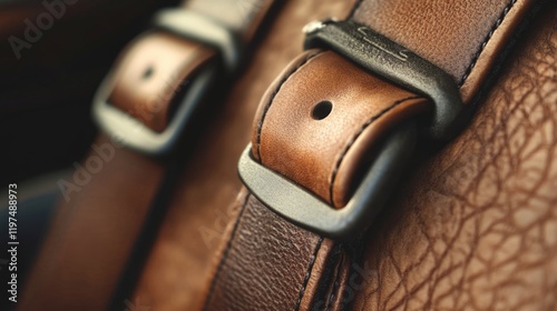Close-up of leather belt buckle with textured brown leather background suitable for fashion or accessories Copy Space
