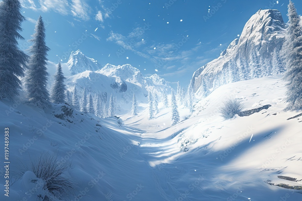 Fototapeta premium Snowy mountain valley, winter wonderland, serene.