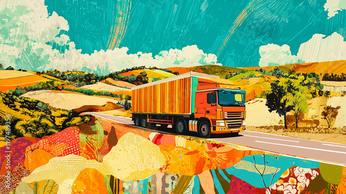 vibrant artistic collage featuring colorful truck driving through scenic landscape with rolling hills, bright foliage, and clear blue sky. artwork captures sense of adventure and movement