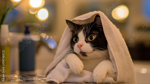 cat relaxing at the spa, sleeping on hot towels photo