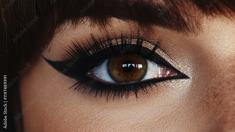 Obraz premium Close-up portrait of a woman showcasing bold eye makeup and eyelashes with a focus on her brown eye and striking eyeliner Copy Space