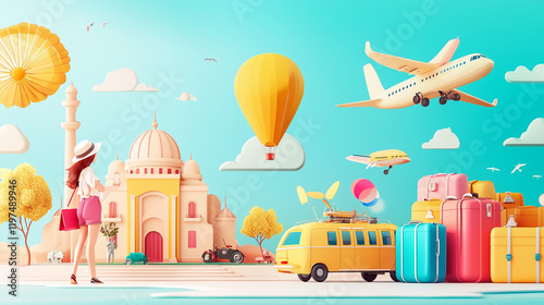 vibrant travel scene featuring woman admiring colorful landscape with hot air balloons, planes, and luggage. atmosphere is joyful and adventurous, perfect for wanderlust