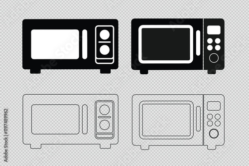 microwave oven vector set featuring silhouettes and line art. Perfect for kitchen, appliance-themed designs, and creative illustrations