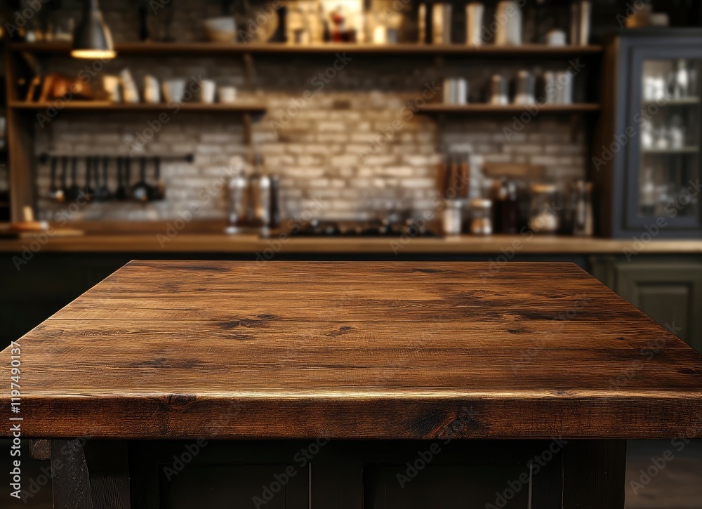 Empty wooden table top with a blurred kitchen background for product display, presentation, or montage of your products. Stock photo with 2/3 space for text. Empty wooden table top with a blurred kitchen background for product display, presentation, or montage of your products. Stock photo with 2/3 space for text.