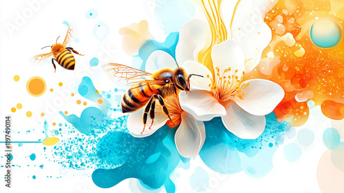 Vibrant artistic collage featuring bees and flowers, showcasing eco friendly design elements with bright colors and abstract shapes, evoking sense of nature beauty