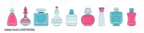 Elegance perfume pink and blue glass bottle with cap, beautiful cologne vials, fragrant cosmetic products vector set