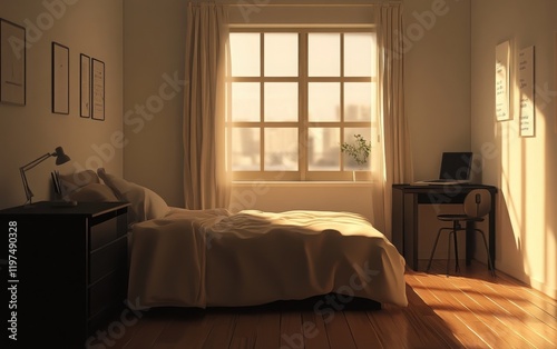 A serene 3D illustration of a modern bedroom with a black desk, beige bed with clean lines, wood flooring, and a small window allowing limited light exposure photo