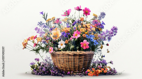 vibrant artistic collage featuring flower basket filled with colorful blooms, showcasing variety of flowers in beautiful arrangement. scene evokes joy and freshness