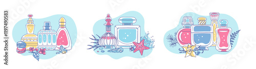 Vector illustration of a set of different perfume bottles with different aromas and ingredients.