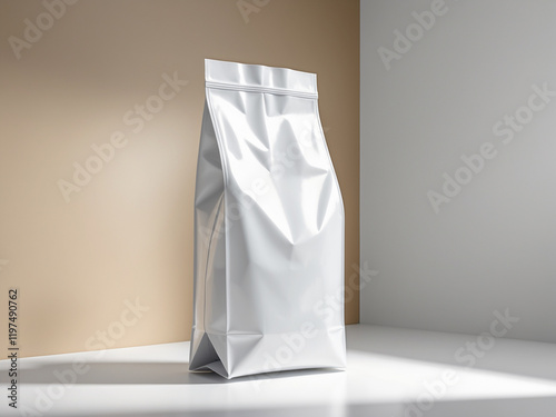 Minimalist image of a white quad-seal pouch packaging on a neutral beige and white background, suitable for product mockups or branding presentations.