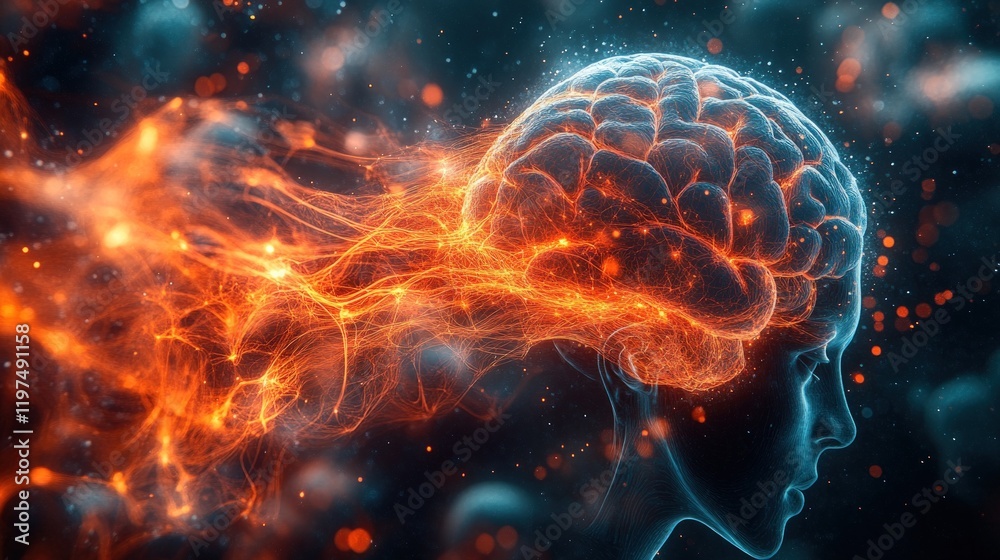 A 3D rendering of a human brain with fiery energy flowing out of it against a dark background with bokeh lights. A 3D rendering of a human brain with fiery energy flowing out of it against a dark background with bokeh lights.