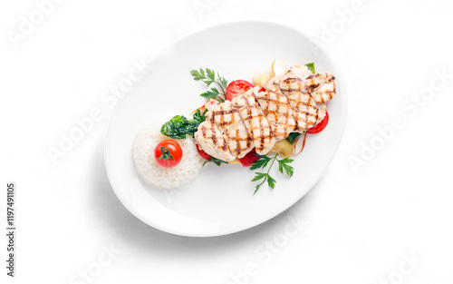 Grilled Chicken Breast and Rice Pilaf on White Plate Top View - Isolated Background Transparent