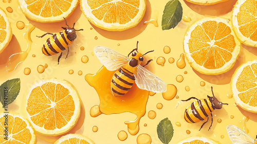 vibrant artistic collage featuring bees, honey, and orange slices, creating cheerful and sweet atmosphere. bright colors and playful elements evoke sense of joy and nature bounty