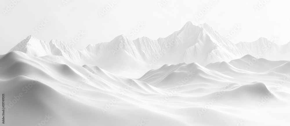 Fototapeta premium Snowy mountains landscape in white tones with smooth curves and shadows Copy Space for text placement