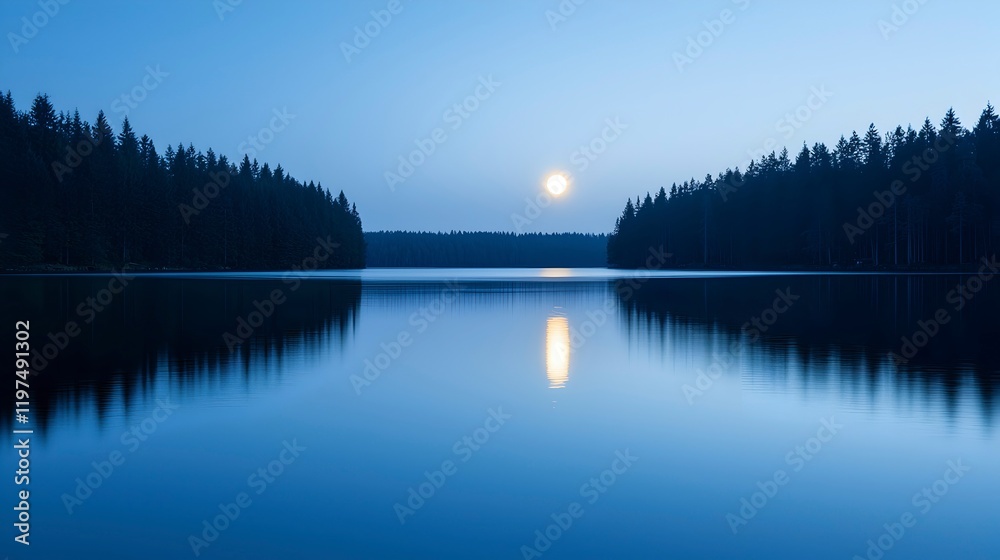 Tranquil Moonlit Lake Reflection at Dusk Tranquil Moonlit Lake Reflection at Dusk