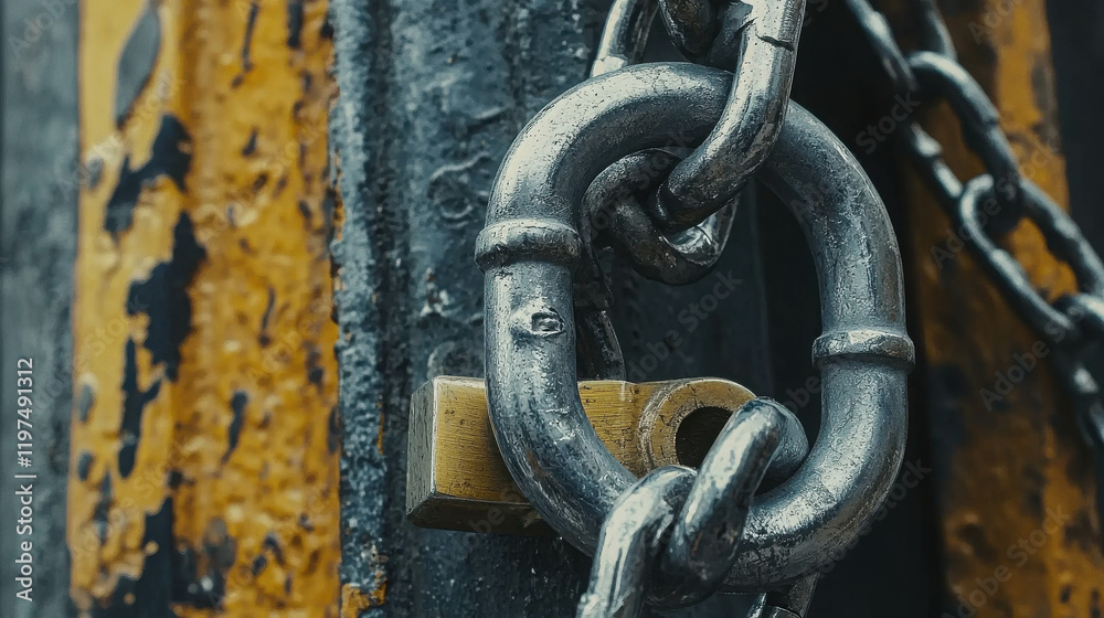 Thick Silver Chain and Padlock Tightly Locked Around Metal Pole with Rusty Surface Thick Silver Chain and Padlock Tightly Locked Around Metal Pole with Rusty Surface