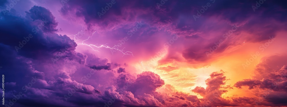 Obraz premium Dramatic sunset sky with vibrant purple and orange clouds illuminated by sunlight Copy Space