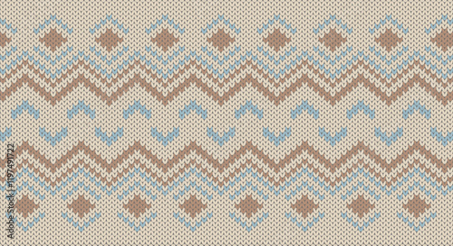 Brown square and blue zigzag knitted pattern, Festive Sweater Design. Seamless Knitted Pattern