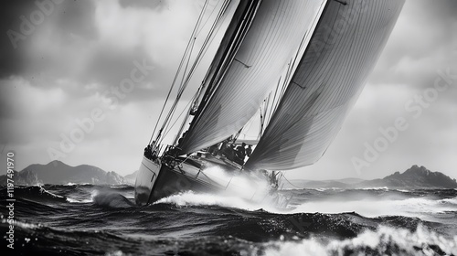 Sailboat Racing Through Rough Seas Under Stormy Skies