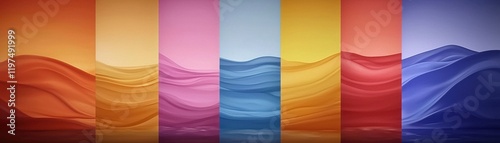 A vibrant wave of colors transitions through shades of orange, pink, yellow, blue, and purple, creating a visually striking abstract landscape.