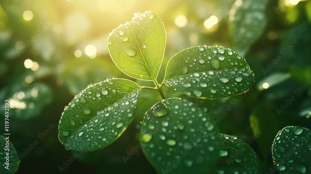 Vibrant green clover with dew drops bathed in golden sunlight, symbolizing luck and renewal in nature's embrace. Vibrant green clover with dew drops bathed in golden sunlight, symbolizing luck and renewal in nature's embrace.