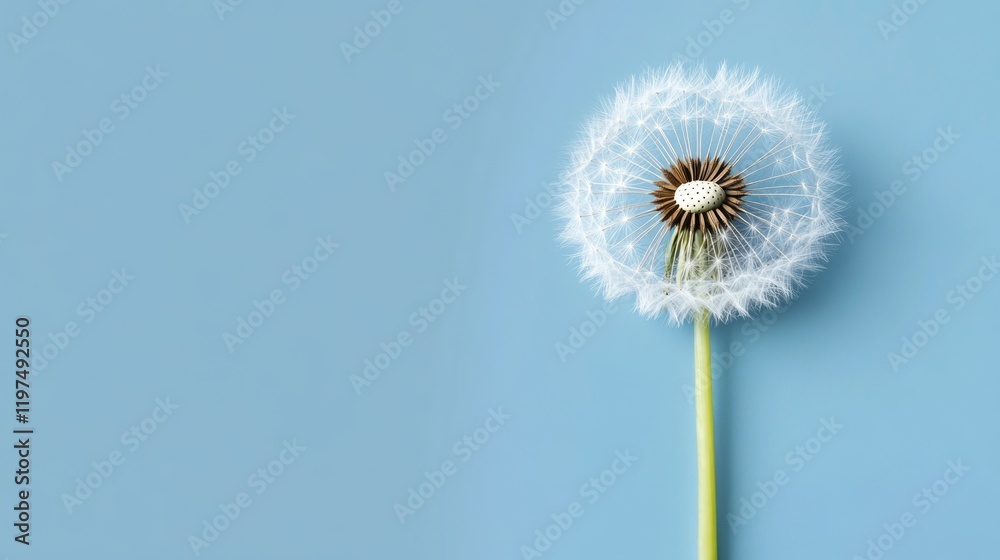 Fototapeta premium Dandelion flower on a blue background with copy space for text and design elements showcasing nature and simplicity.