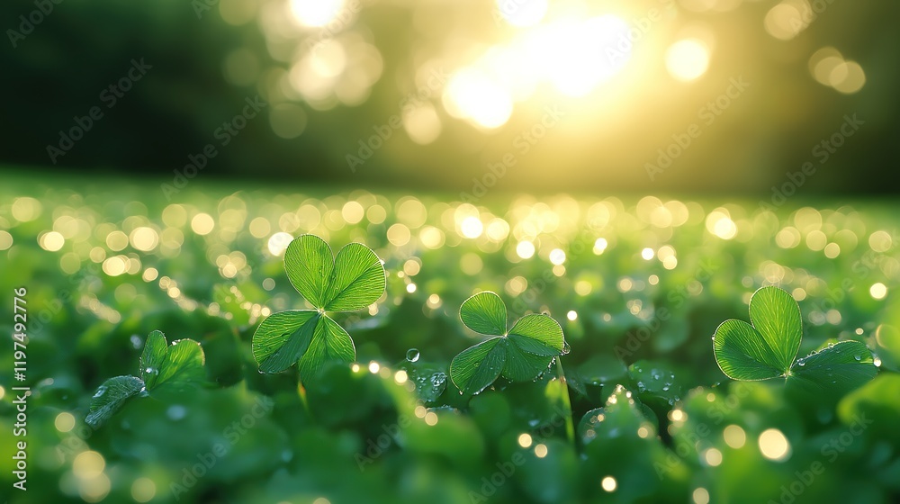 Obraz premium Vibrant green clover with dew drops bathed in golden sunlight, symbolizing luck and renewal in nature's embrace.