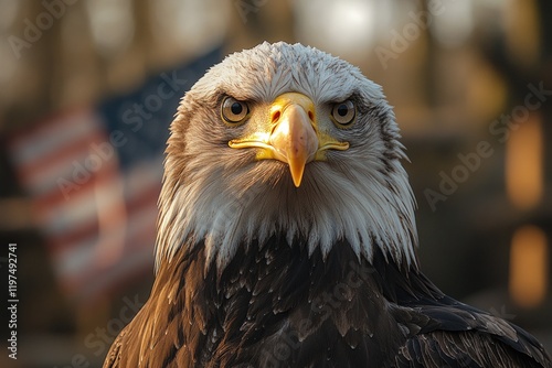 A Bald Eagle stares intensely at the camera with a blurry American flag in the background. photo