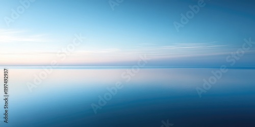 Tranquil serene ocean seascape with calm water and clear blue sky during dusk Copy Space