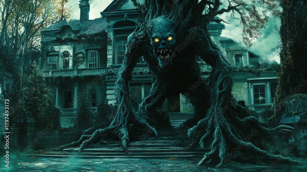 A monstrous tree creature engulfing a haunted house A monstrous tree creature engulfing a haunted house